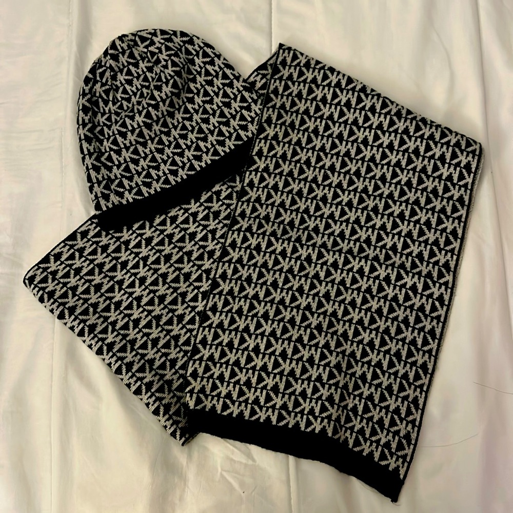Michael Kors beanie and scarf, black, and a light gray
